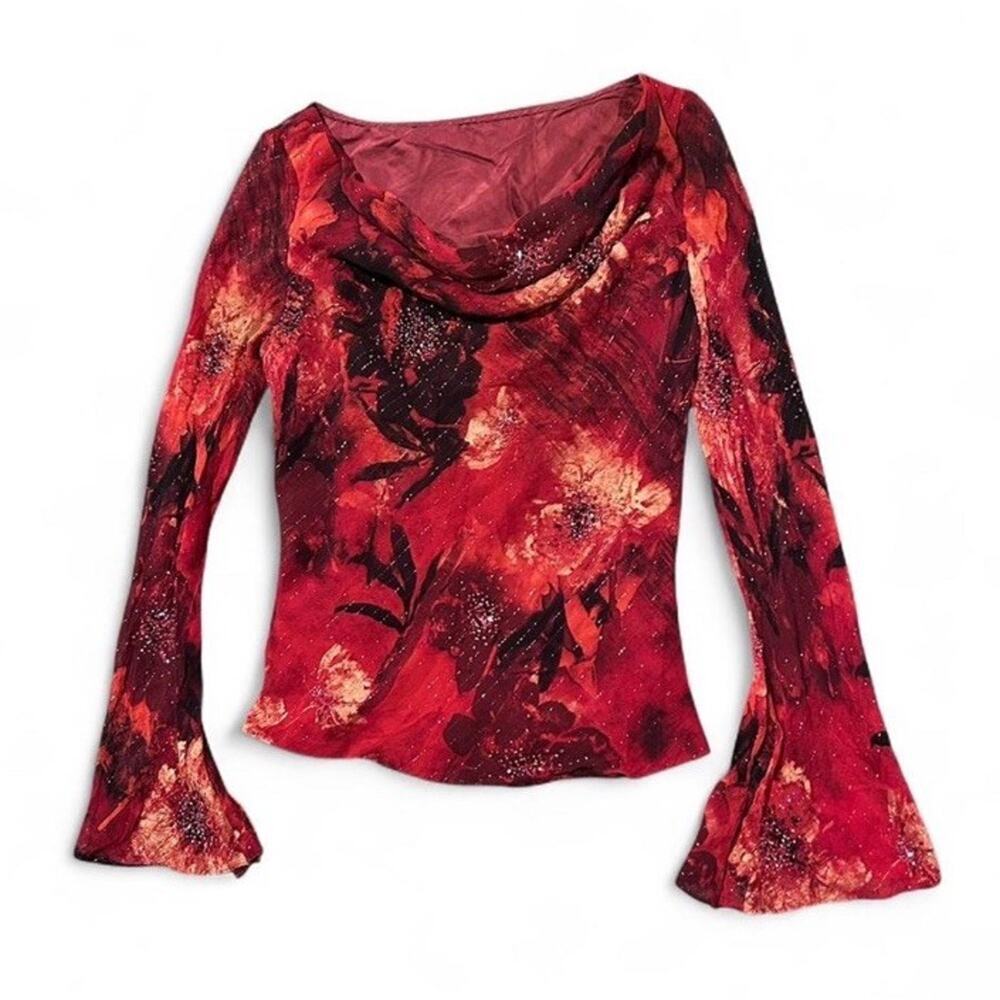 Vintage 100% Silk Red Floral Fairy Euro Top Beaded Bell Sleeves Women’s Small - Picture 3 of 8
